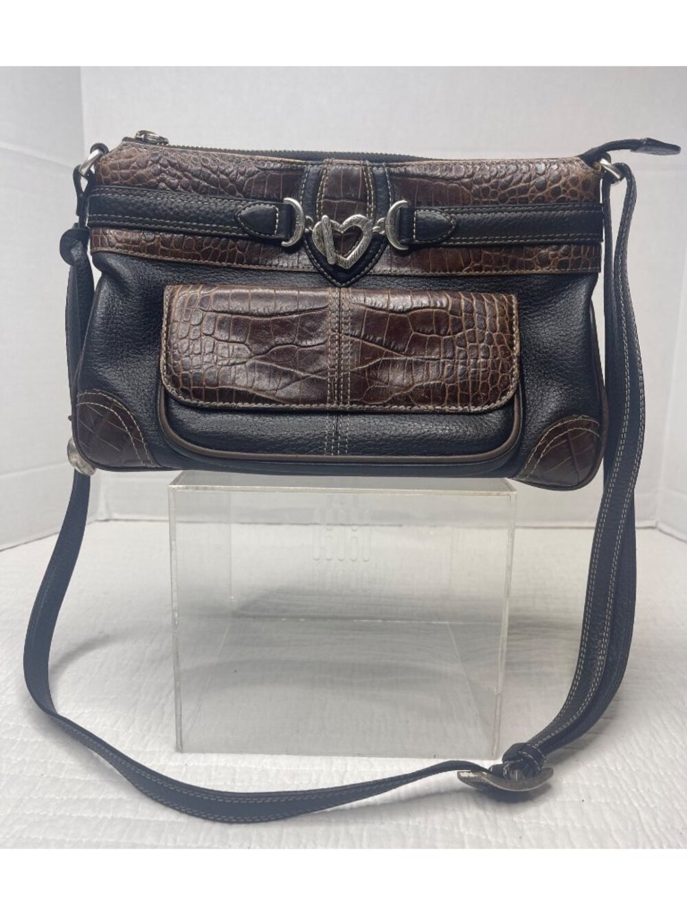 Brighton Beatrice Black Brown Leather Crossbody Purse Bag Croc Embossed